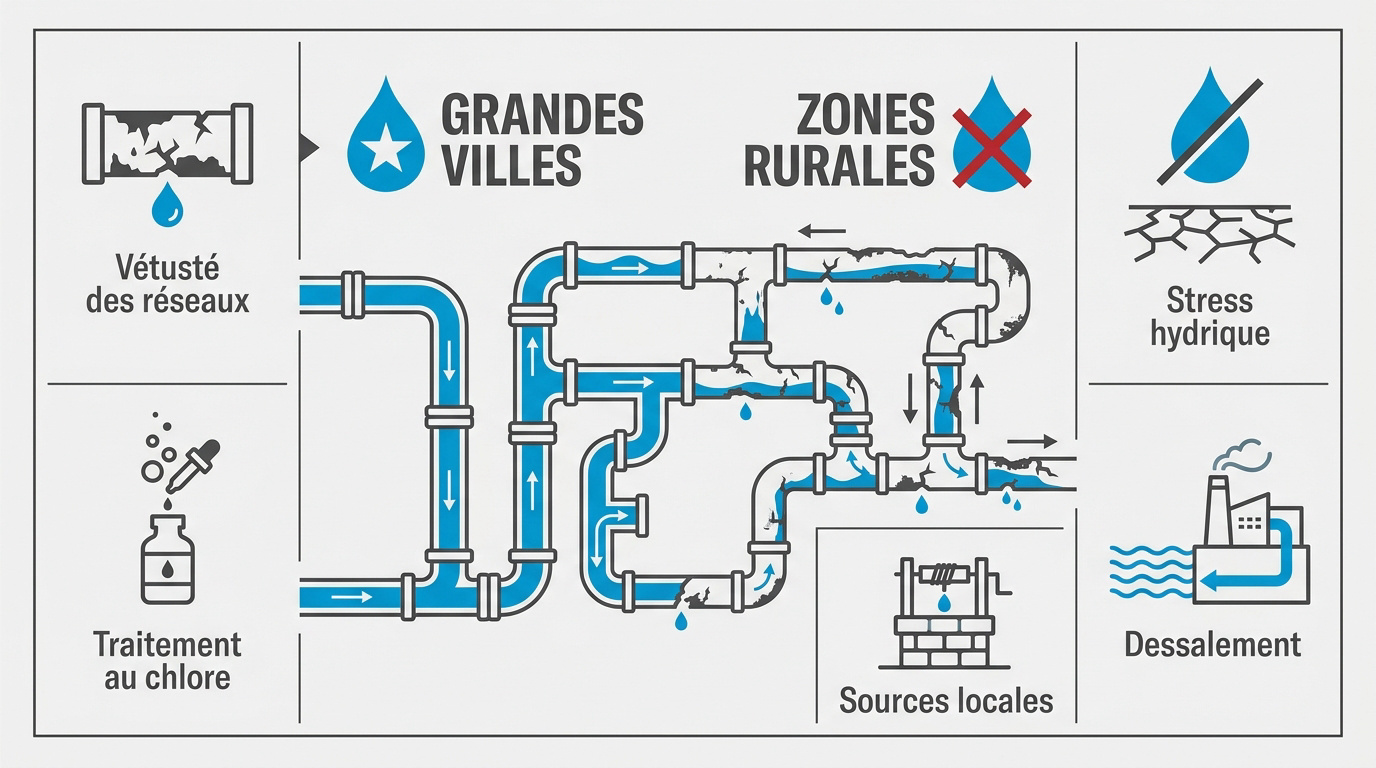 Infographie détaillant les enjeux de la distribution et de la qualité de l'eau potable au Maroc