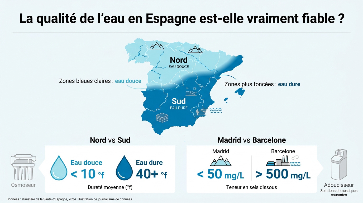 Comparaison de la dureté de l'eau entre le nord et le sud de l'Espagne