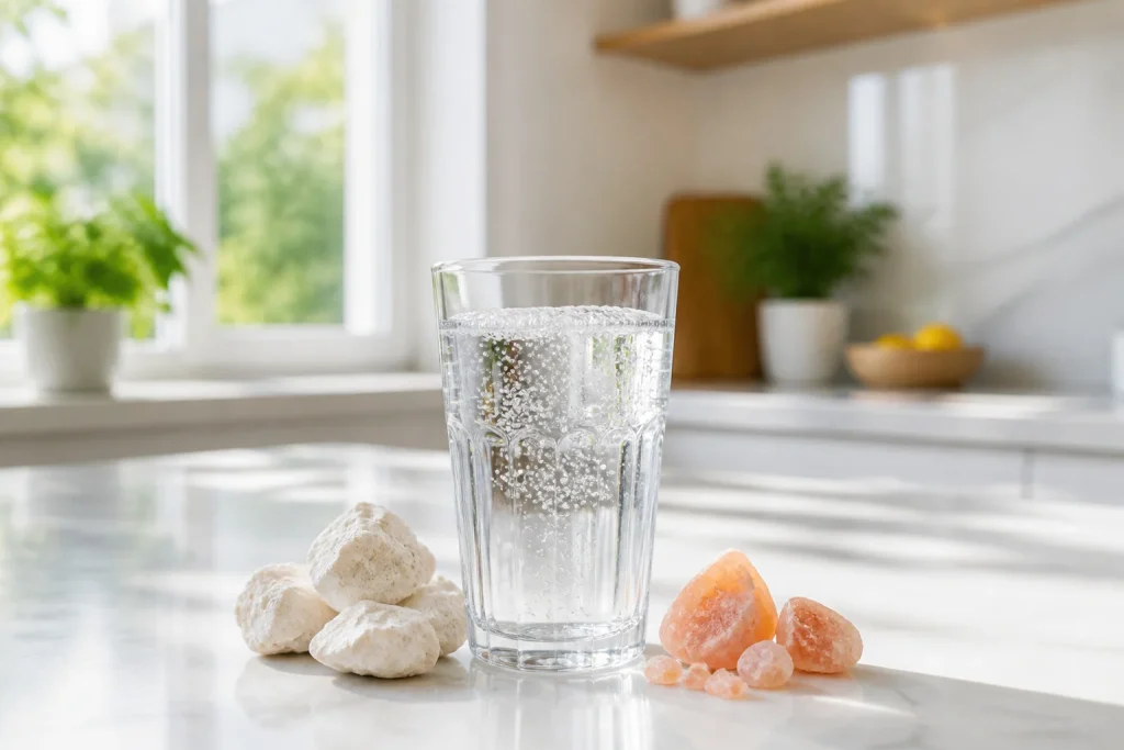 Verre deau petillante et mineraux