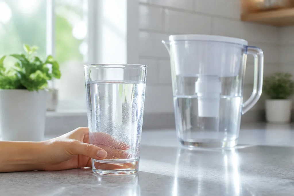 Verre deau pure sur un comptoir de cuisine