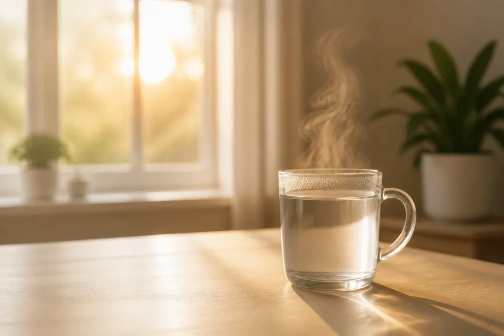 Eau chaude fumante au soleil du matin
