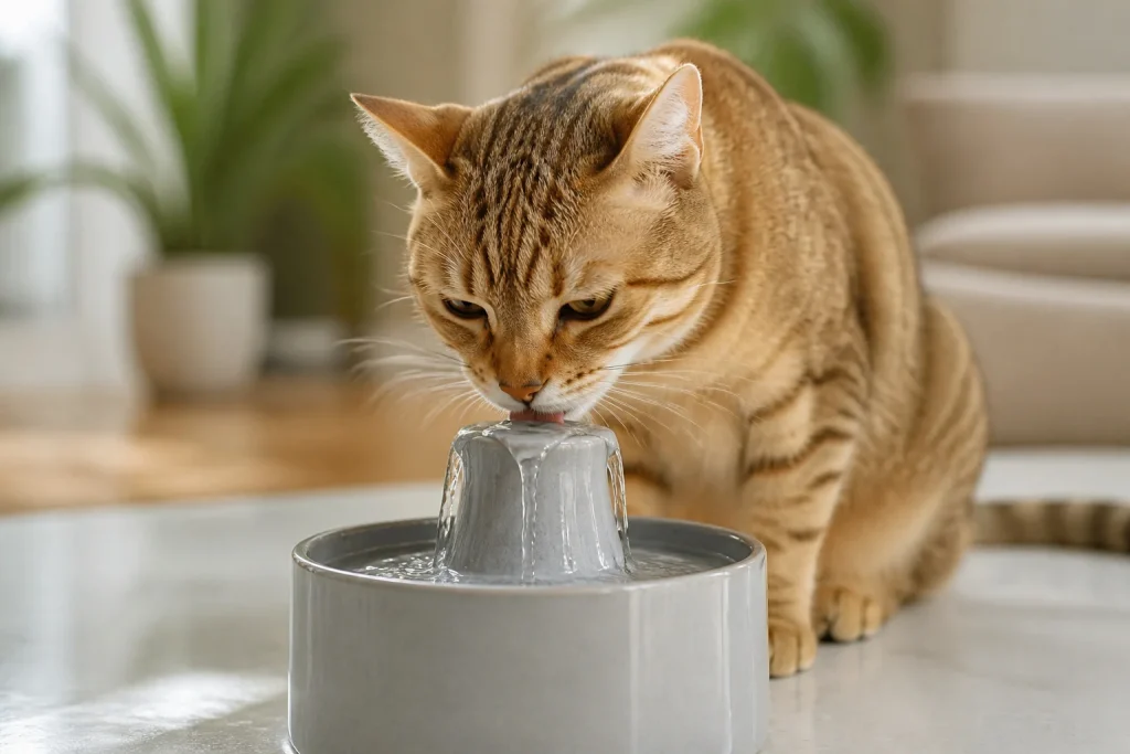 Chat buvant dans une fontaine moderne