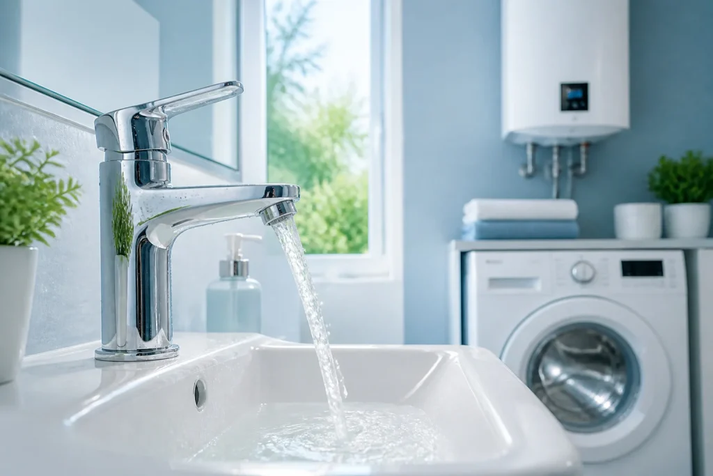 Robinet chrome brillant et evier blanc immacule